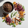Roxbury Blend loose leaf herbal tea flat lay with hibiscus, rose petals, ginger, cinnamon, and spearmint