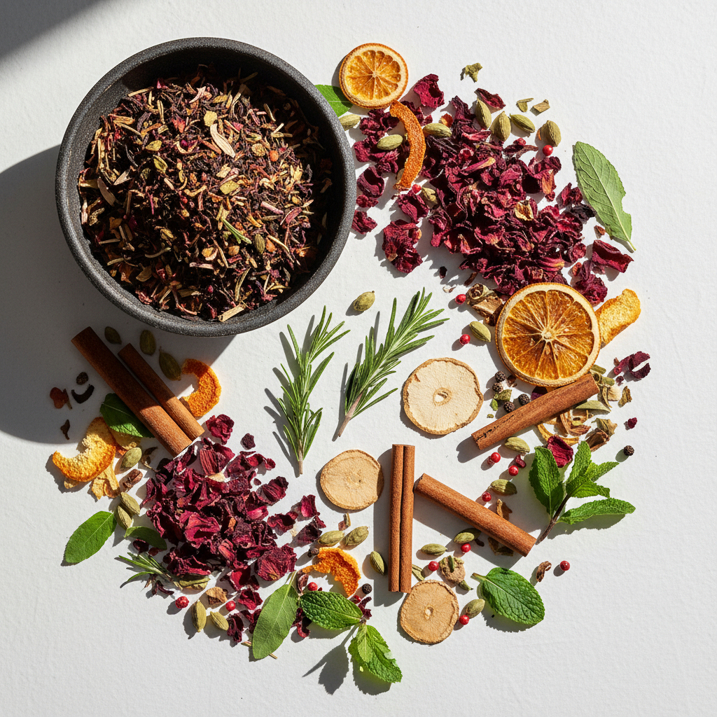 Roxbury Blend loose leaf herbal tea flat lay with hibiscus, rose petals, ginger, cinnamon, and spearmint